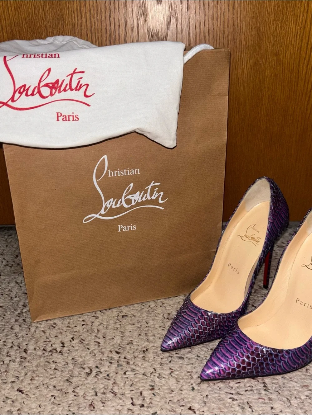 Christian Louboutin Purple Snakeskin Pointed-Toe Pumps with Red Soles